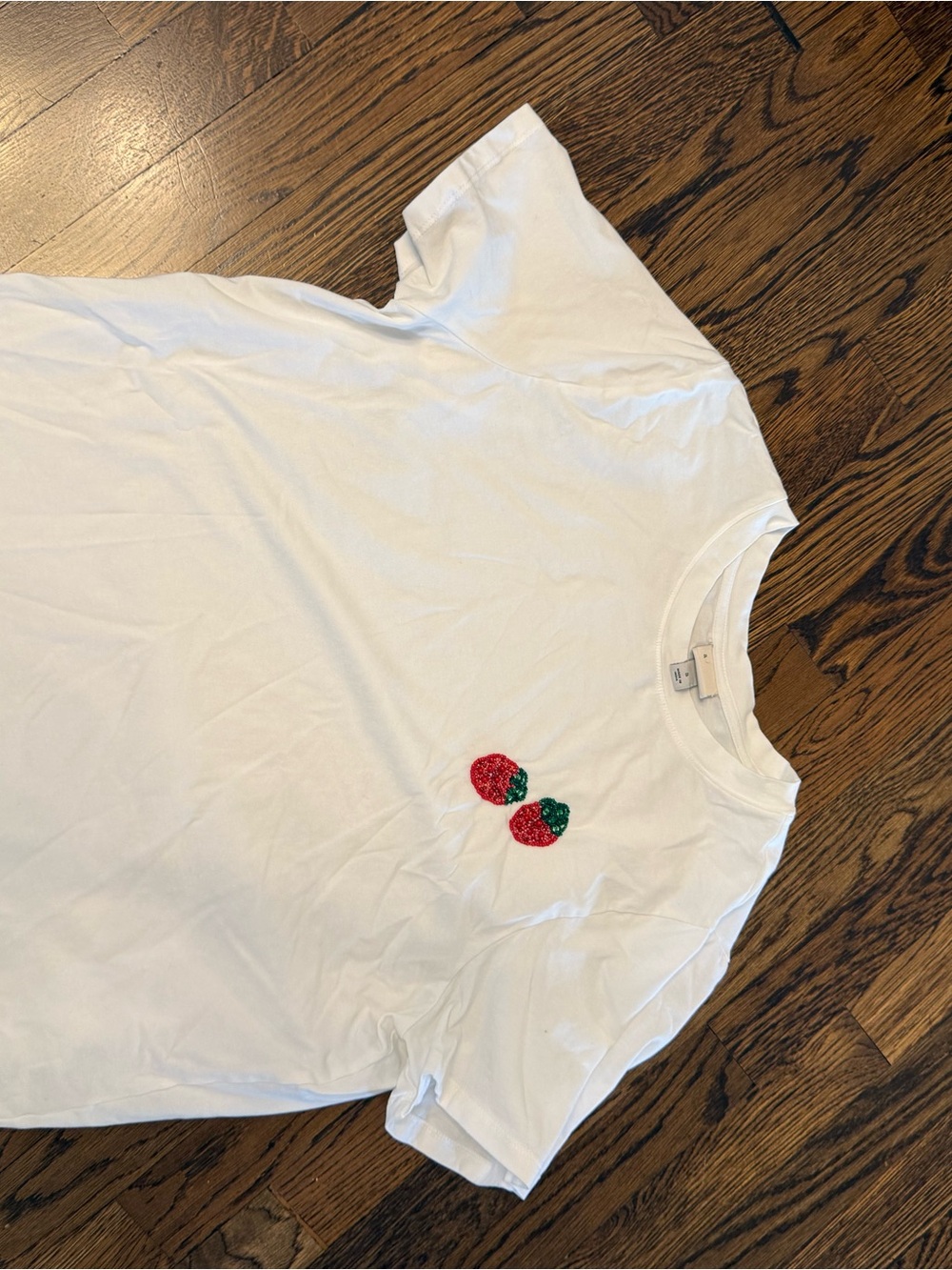 Kids White T-Shirt with Red & Green Strawberry Embroidery